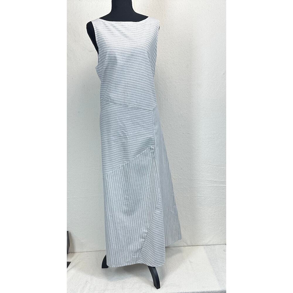 Misslook Gray & White Simple Striped Maxi Sleeveless A-Line Dress SZ L Classic